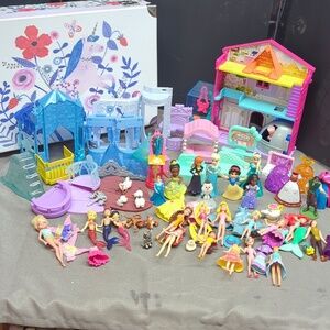 Huge lot of Disney playsets, Polly pocket princess dolls & story stackers